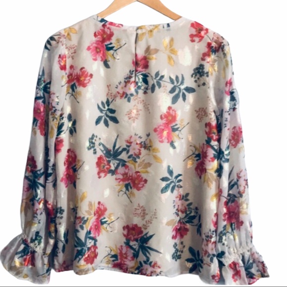 LOFT Blouse Floral Long Ruffle Sleeves Semi Sheer - Picture 4 of 5